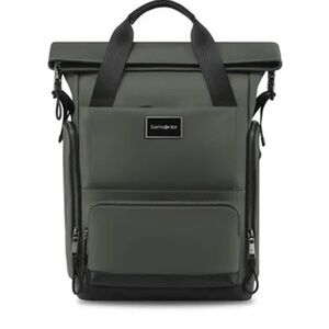 SAMSONIITE BACKPACK GREEN GRAY NYLON WITH BLACK COW LEATHER TRIM LAPTOP TRAVEL